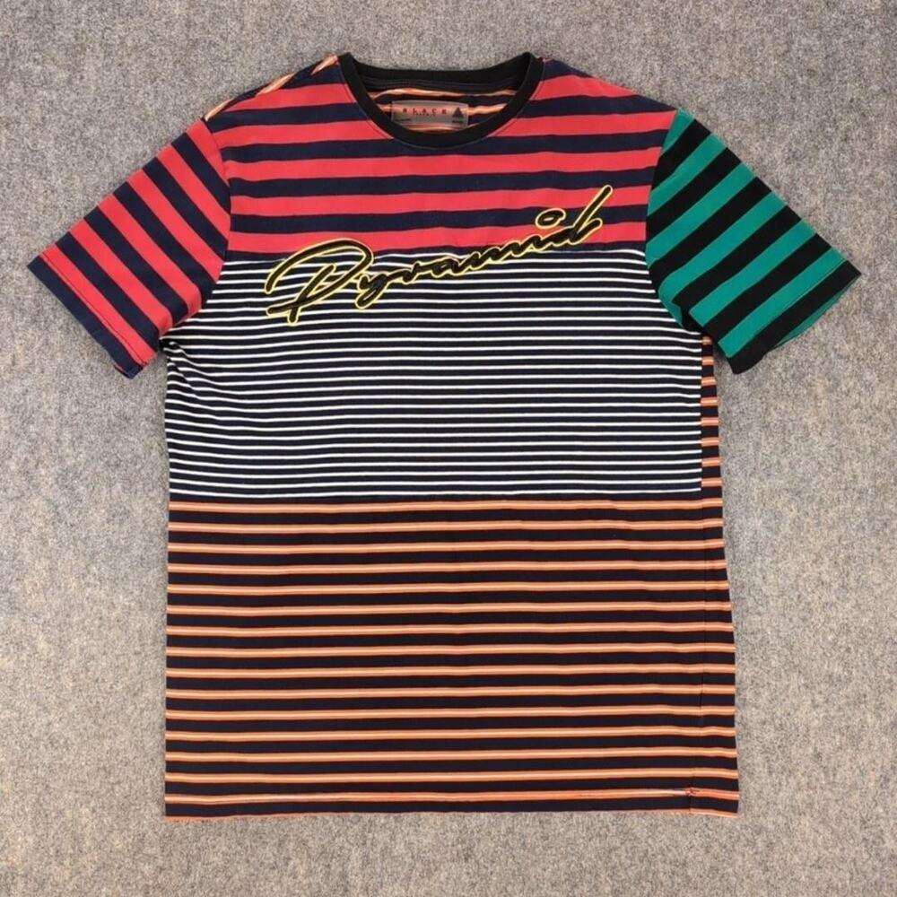 Black Pyramid Shirt Mens Medium Multicolor Striped Crewneck Logo Tee Casual